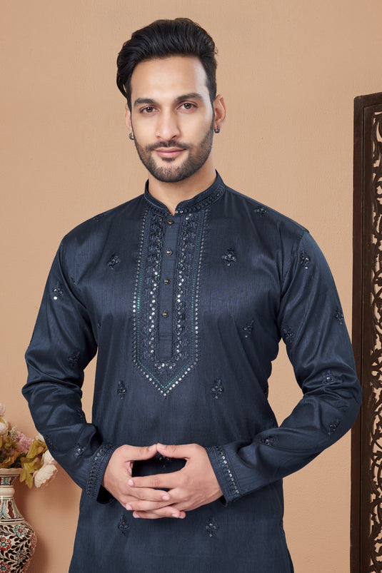 Dazzling Function Wear Navy Blue Color Readymade Kurta Pyjama In Art Silk Fabric