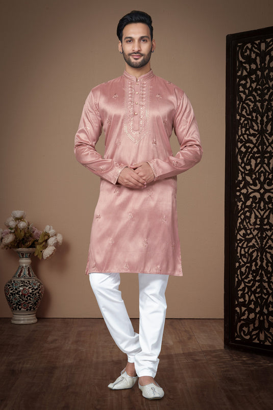 Charming Peach Color Art Silk Fabric Readymade Kurta Pyjama With Function Wear