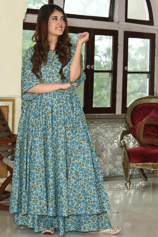 Fancy Fabric Sky Blue Digital Printed Festive Wear Kurti With Palazzo