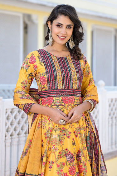 Excellent Dola Silk Fabric Yellow Color Digital Printed Readymade Anarkali Suit