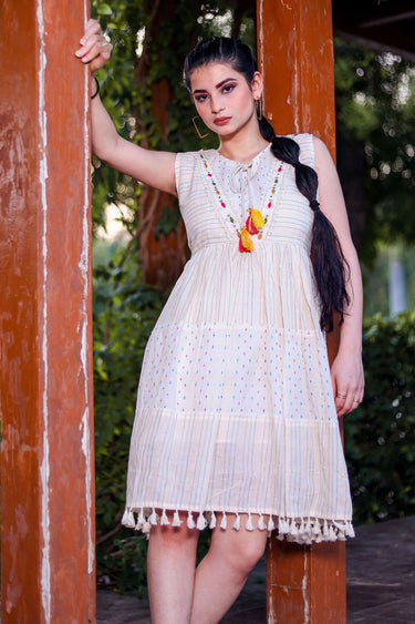 Women's Thread Work Smocked Off White Knee Length Kurti