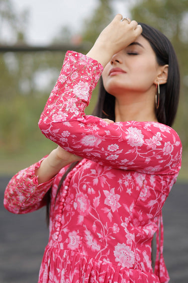 Merlot Georgette Fabric Pink Color Floral Printed Readymade Gown