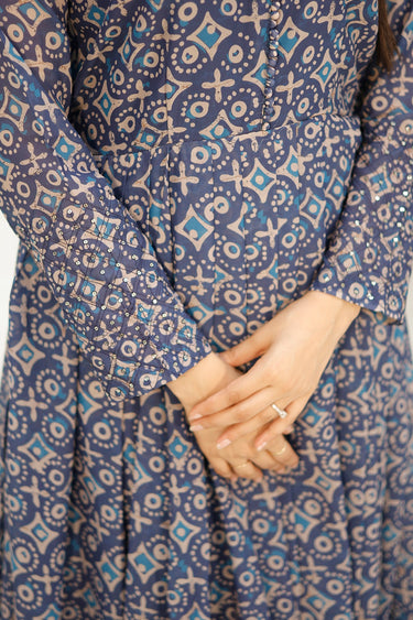 Gorgeous Printed Navy Blue Readymade Long Anarkali Style Gown