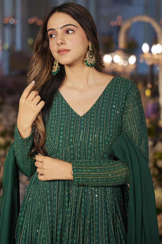 Green Color Georgette Fabric Special Sequins Design Gown With Dupatta