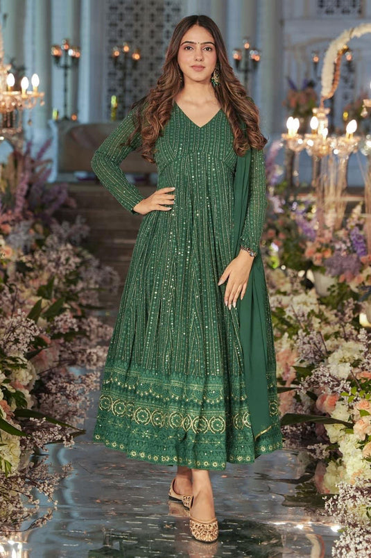 Green Color Georgette Fabric Special Sequins Design Gown With Dupatta