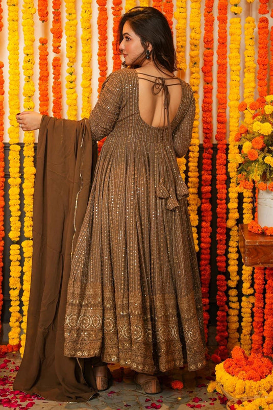 Georgette Fabric Sequins Design Brown Color Riveting Gown With Dupatta