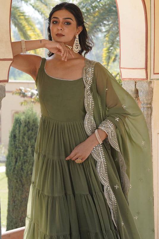Function Wear Green Color Glorious Readymade Gown With Dupatta In Georgette Fabric