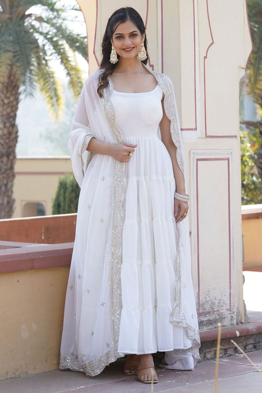 Georgette Fabric Function Wear Luminous Readymade Gown With Dupatta In White Color
