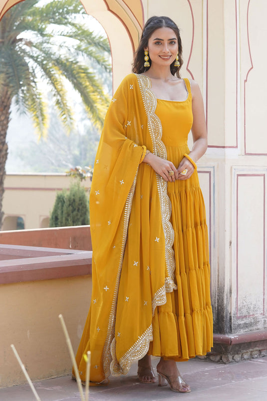 Georgette Fabric Function Wear Charismatic Readymade Gown With Dupatta In Yellow Color