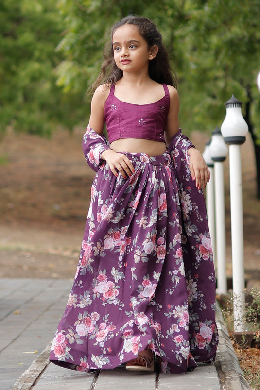 Purple Faux Gorgette Fabric Festive Wear Printed Kids Lehenga Choli