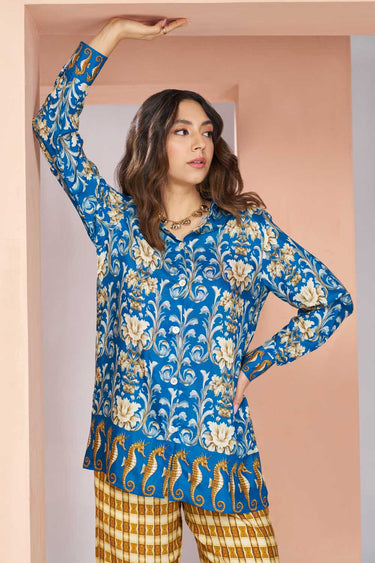 Beguiling Blue Color Muslin Silk Fabric Readymade Co Ord Set