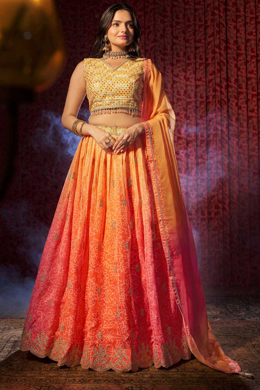 Elegant Organza Fabric Orange Color Lehenga