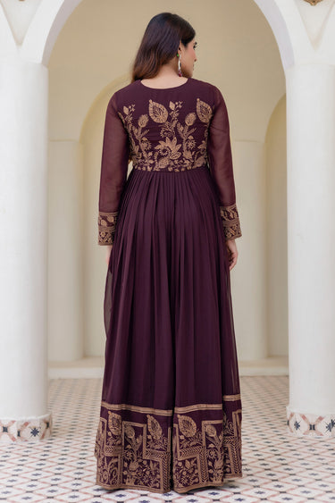 Women's Georgette Wine Embroidered Work Anarkali Gown With Dupatta