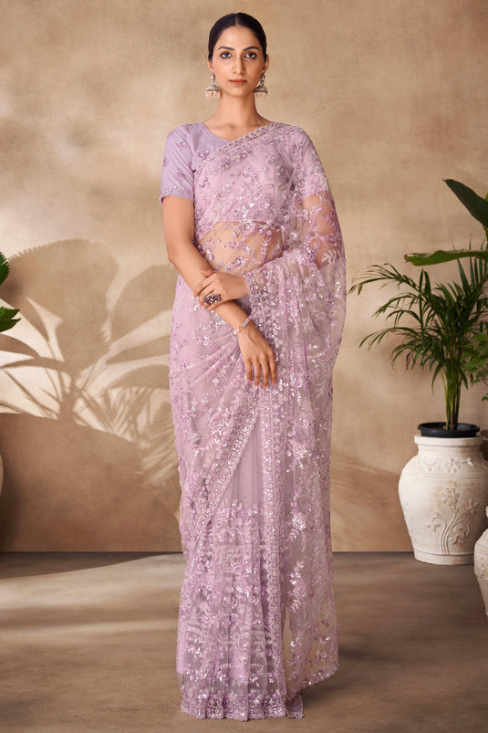 Lavender Color Sequins Work On Net Fabric Beatific Saree