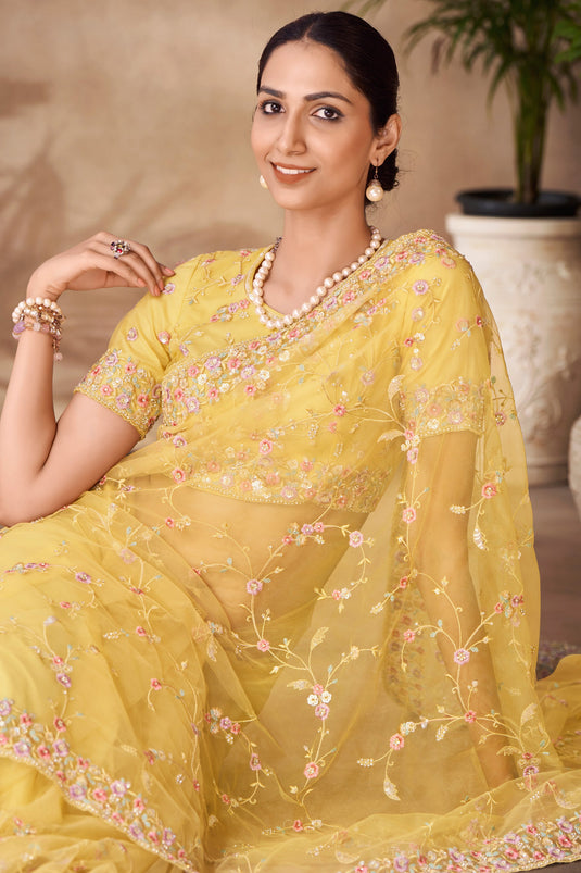 Embellished Sequins Work On Yellow Color Net Fabric Saree