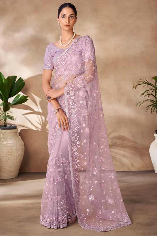 Awesome Sequins Work Net Fabric Lavender Color Saree