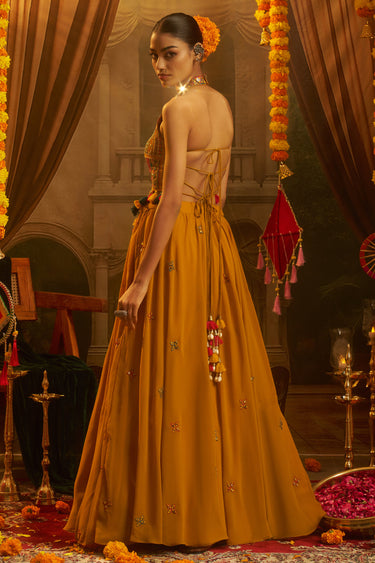 Thread Mirror Work Mustard Georgette Crop Top Palazzo Set
