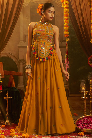 Thread Mirror Work Mustard Georgette Crop Top Palazzo Set