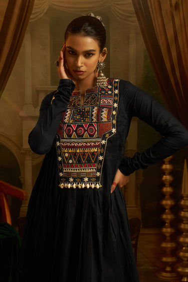 Premium Black Cotton Embroidered Flared Kurti Set For Women