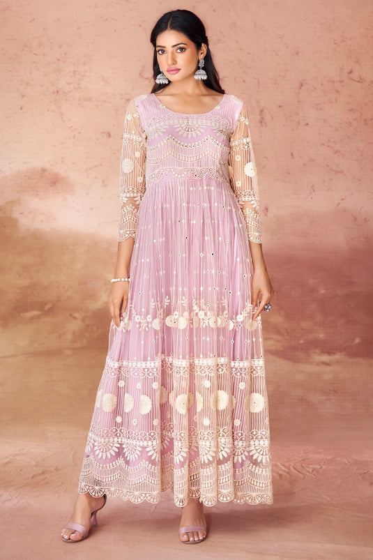 Mesmeric Pink Color Embroidered Work On Readymade Anarkali Suit In Georgette Fabric