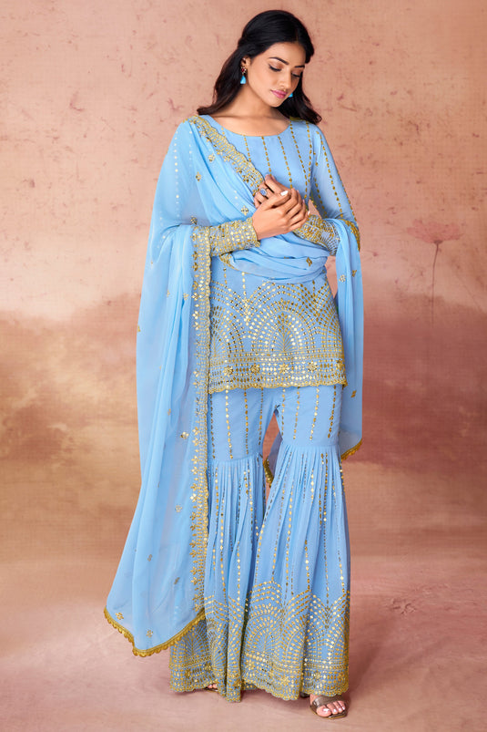 Radiant Embroidered Work On Sky Blue Color Georgette Fabric Readymade Palazzo Suit