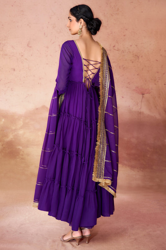 Excellent Georgette Fabric Purple Color Readymade Anarkali Suit With Embroidered Work