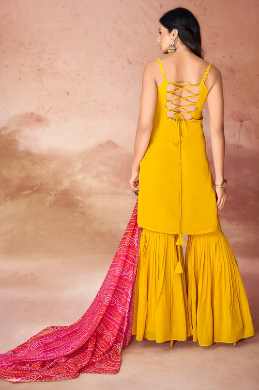 Mustard Color Embroidered Work On Georgette Fabric Beatific Readymade Palazzo Suit