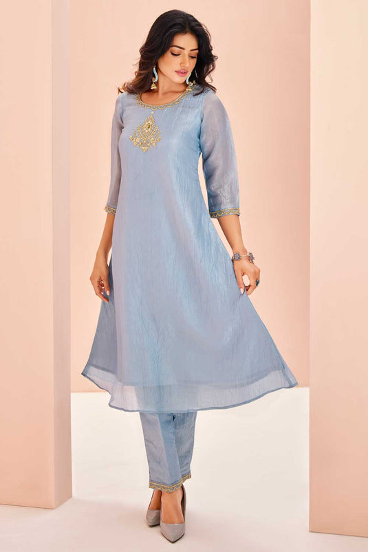 Beguiling Light Cyan Color Organza Fabric Kurti With Bottom