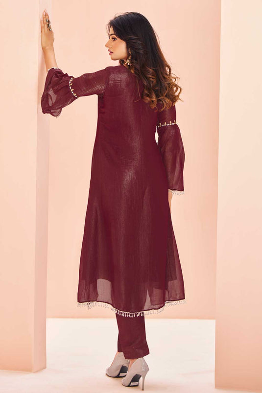 Tempting Organza Fabric Maroon Color Kurti With Bottom