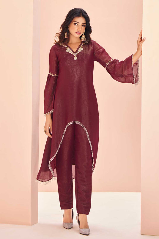 Tempting Organza Fabric Maroon Color Kurti With Bottom