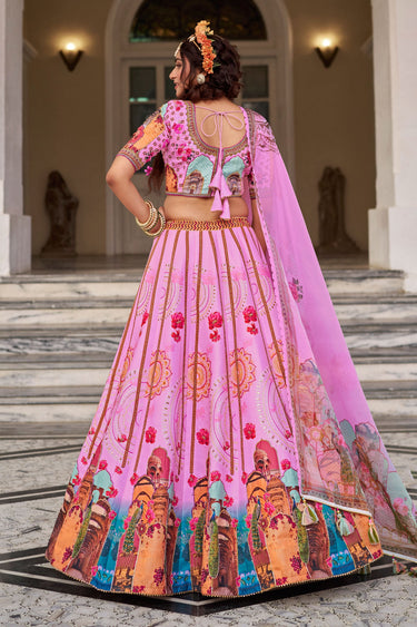 Pink Art Silk Printed Hand Work Lehenga Choli