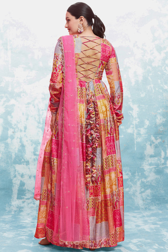 Febulous Muslin Fabric Multi Color Readymade Gown WIth Dupatta