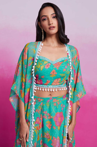 Amazing Cyan Color Georgette Fabric Readymade Co Ord Set
