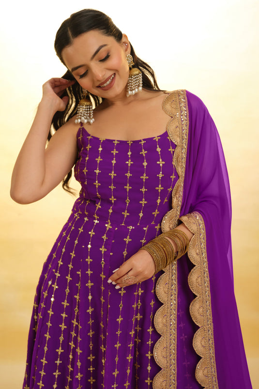 Embellished Purple Color Embroidered Georgette Readymade Salwar Suit