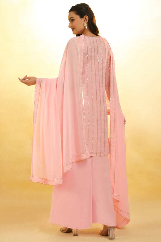 Ingenious Embroidered Peach Color Georgette Readymade Salwar Suit