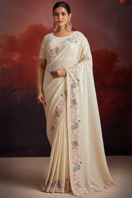 Georgette Fabric White Color Stylish Look Sequins Work Saree