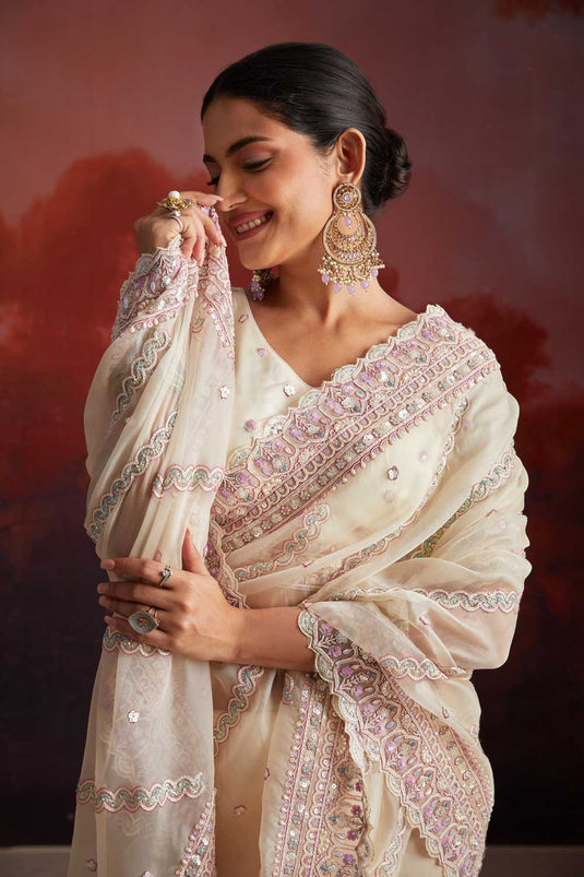 Fabulous Net Fabric Off White Color Sequins Work Saree