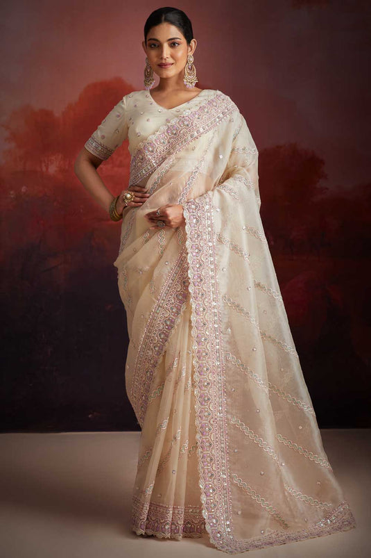 Fabulous Net Fabric Off White Color Sequins Work Saree