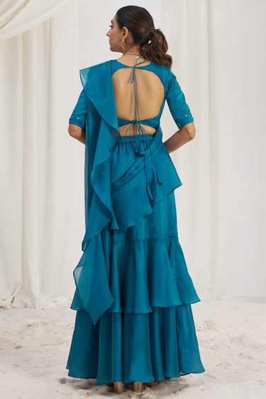 Teal Blue Ready To Wear Saree With Ruffle Pallu