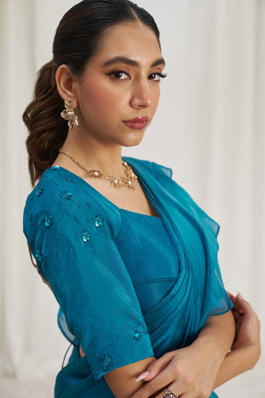 Teal Blue Ready To Wear Saree With Ruffle Pallu