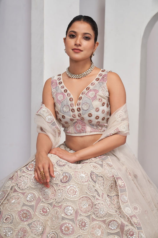 White Color Net Fabric-Special Lehenga With Sequins Work