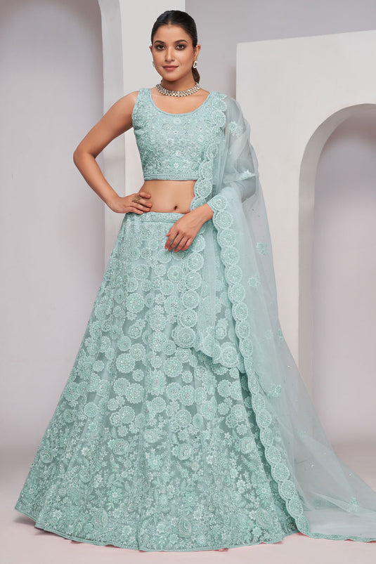 Net Fabric Light Cyan Color Pleasance Lehenga With Sequins Work