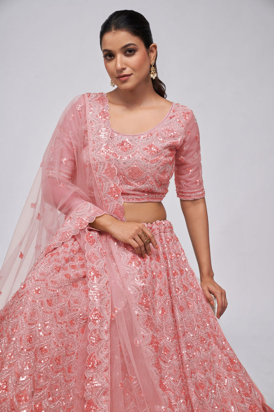 Net Fabric Pink Color Patterned Lehenga With Sequins Work