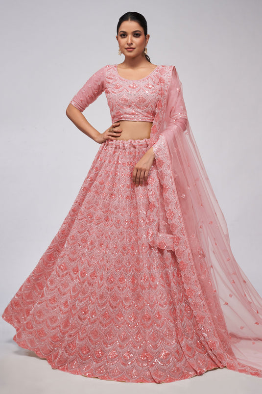 Net Fabric Pink Color Patterned Lehenga With Sequins Work