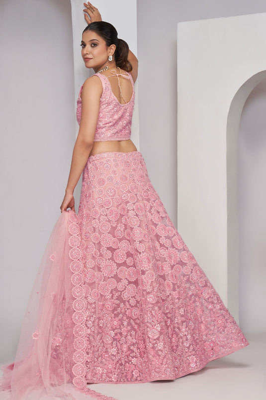 Excellent Net Fabric Pink Color Lehenga With Sequins Work