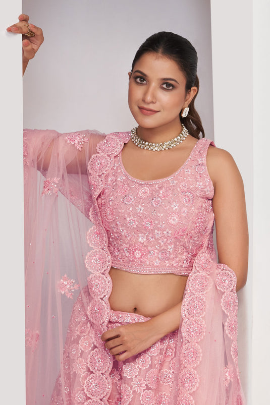 Excellent Net Fabric Pink Color Lehenga With Sequins Work