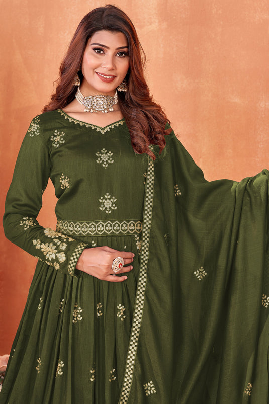 Elegant Mehendi Green Color Art Silk Anarkali Suit with Embroidered Work For Function