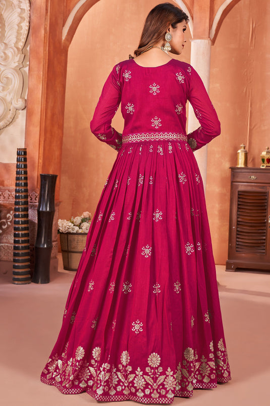 Glamorous Embroidered Work Rani Color Anarkali Suit For Function