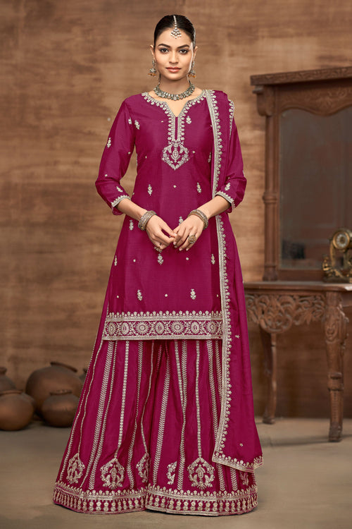 Magenta Color Chinon Fabric Palazzo Suit