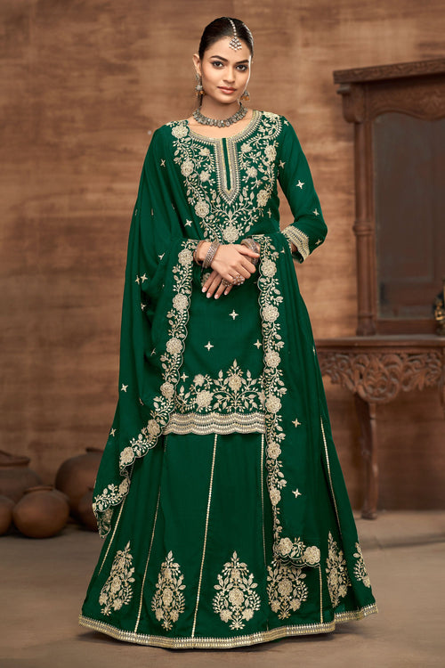 Embroidered Art Silk Dark Green Sangeet Wear Readymade Sharara Style Lehenga